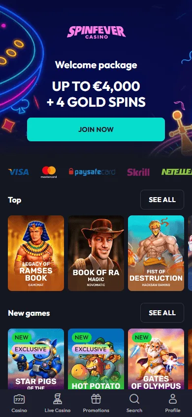 SpinFever Bet App home interface on mobile