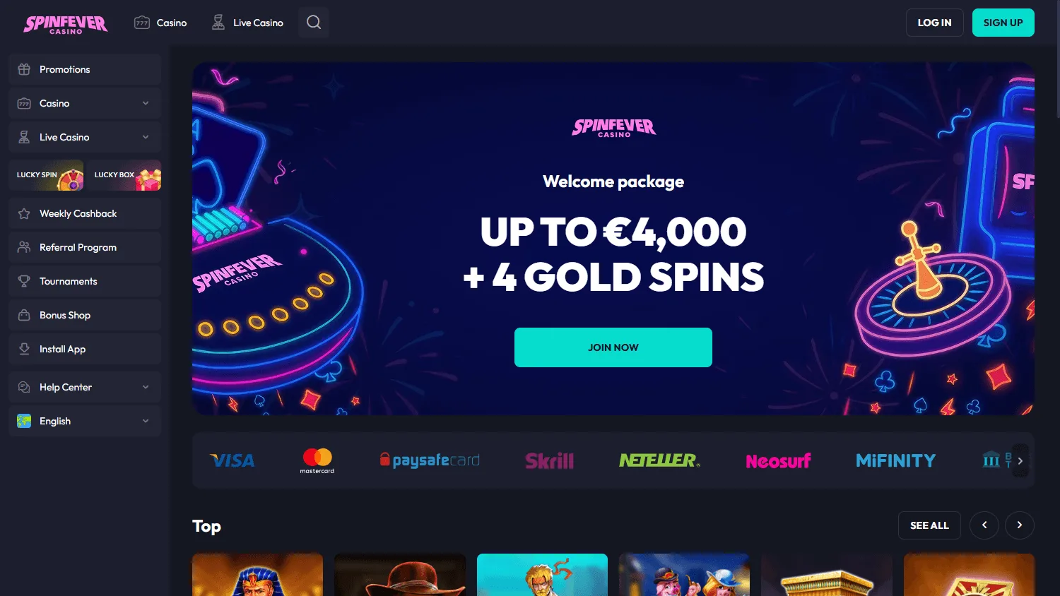 Spinfever Casino home interface on desktop
