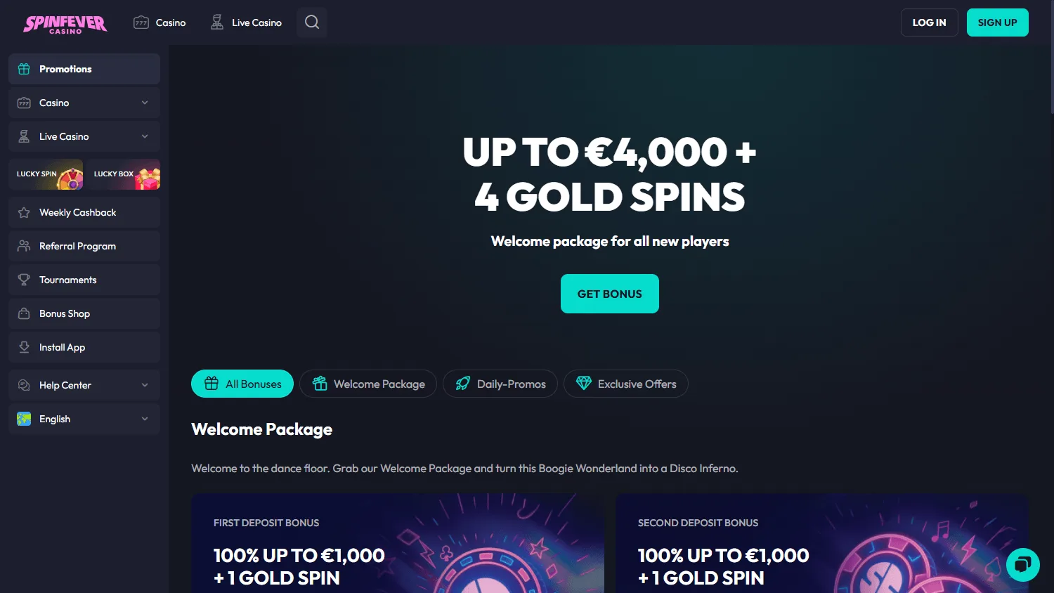 Spinfever Casino promotions interface on desktop