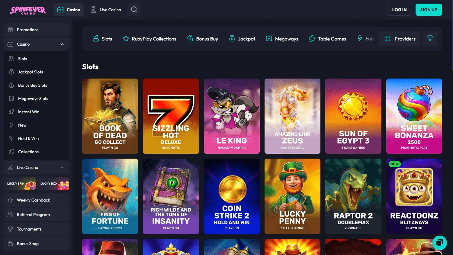 Spinfever Casino games interface on desktop