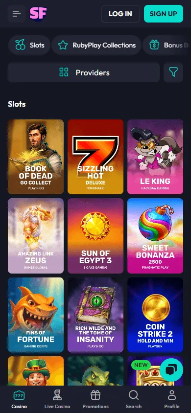 Spinfever Casino games interface on mobile